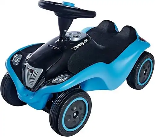 BIG-Bobby-Car NEXT Deluxe Variante, Kinderfahrzeug mit LED-Front Scheinwerfer, Flüsterreifen und weichem Sitz, belastbar bis zu 50 kg, Rutschfahrzeug für Kinder ab 1 Jahr, Blau