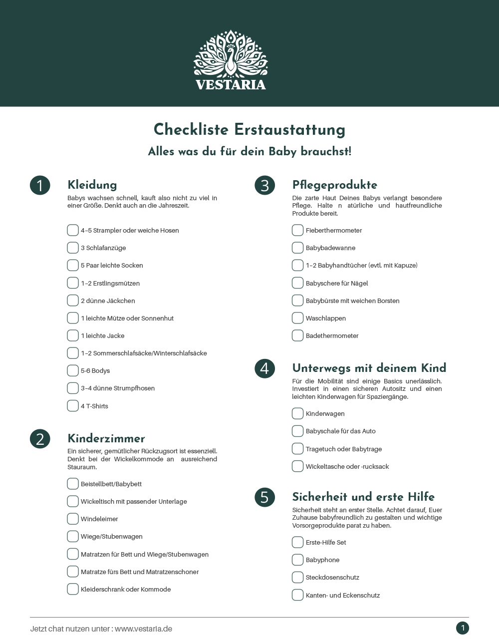 Checkliste Baby Erstausstattung, Vestaria