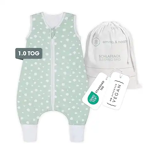 emma & noah Baby Schlafsack mit Füßen 1.0 TOG, Ganzjahres Schlafsack mit Beinen für den Frühling, Sommer und Herbst, 100% Bio-Baumwolle, Oeko-TEX Zertifiziert (Punkte Mint, 70 cm)