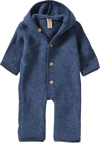 Engel-Natur Baby Overall mit Kapuze aus Bio Schurwoll-Fleece, Blau Melange, Gr. 62/68