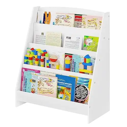 Lestarain Kinderregal mit 4 offenen Fächer, Bücherregal Aufbewahrungsregal für Kinder, Standregal, Kinderzimmerregal aus MDF, mit Kippsicherung, Weiß